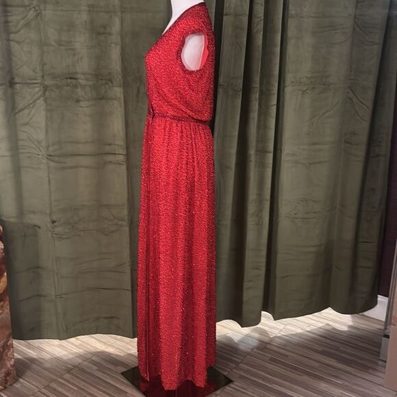 All beaded Elegant Red Wrap Dress, XS-S - Picture 8 of 14